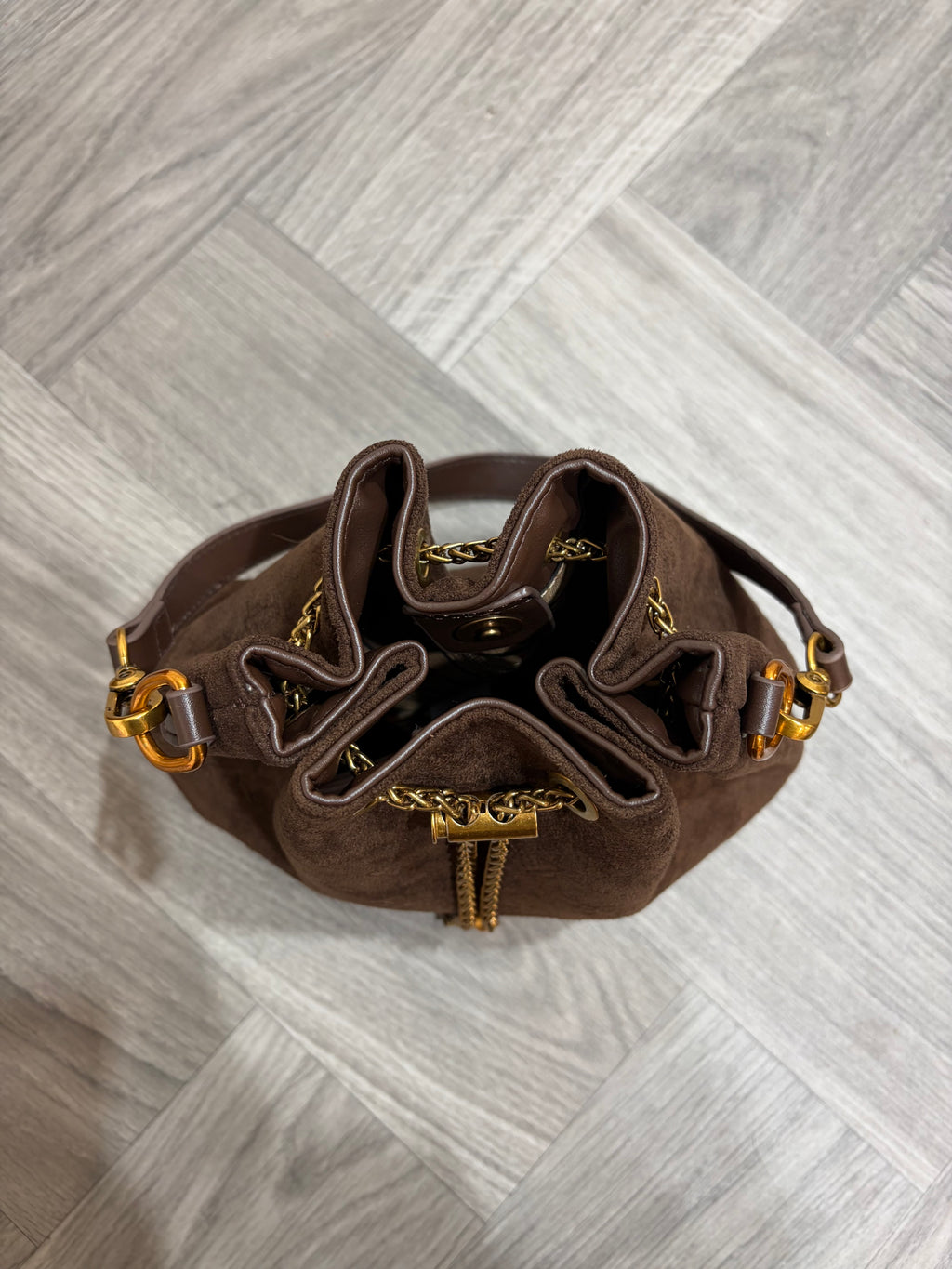 Suede Monogram Bucket Bag - Brown