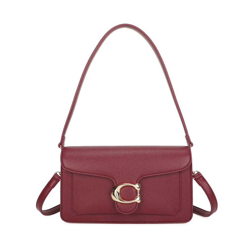 Burgundy gold-buckle flap shoulder bag