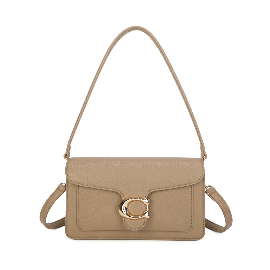 Beige gold-buckle flap shoulder bag