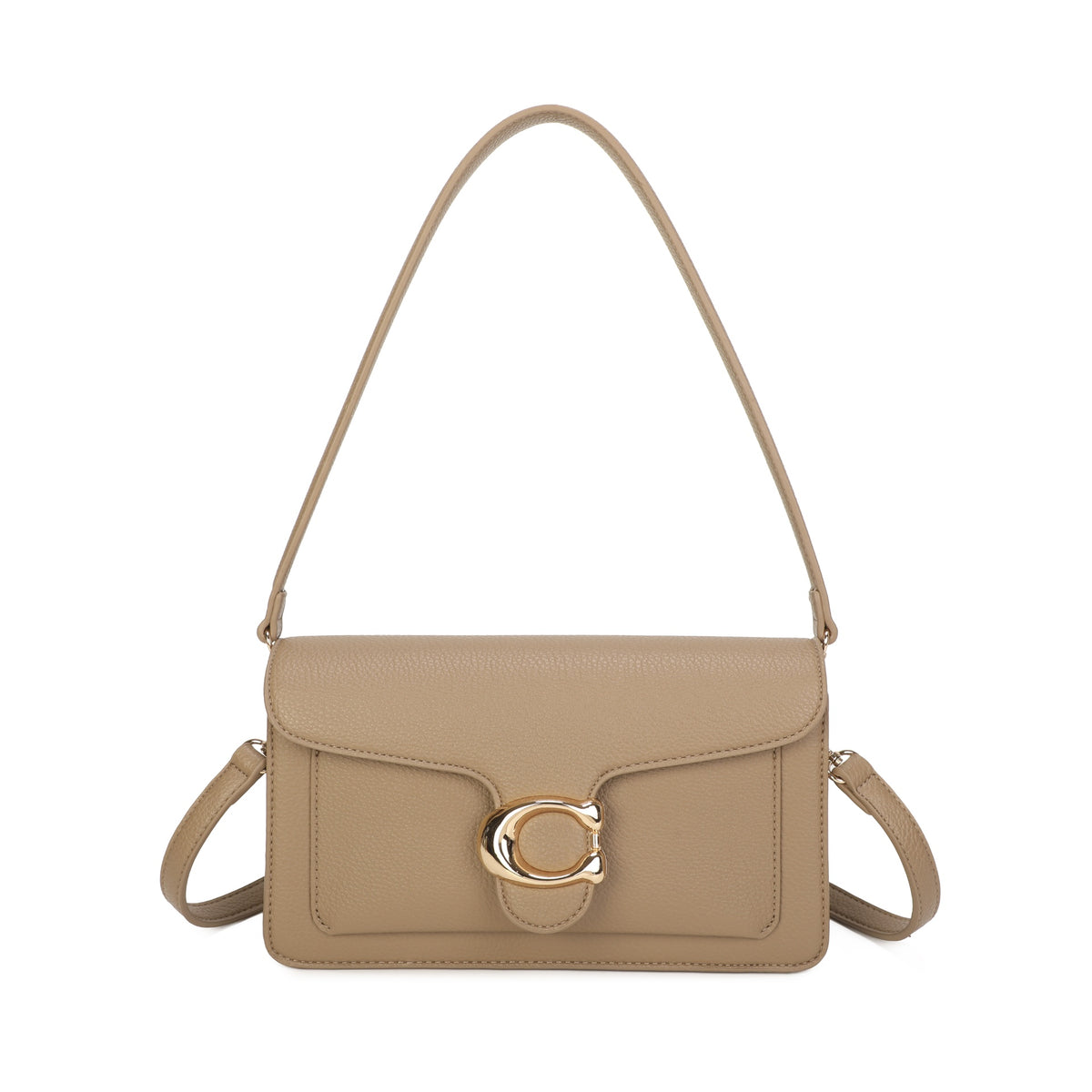 Beige gold-buckle flap shoulder bag