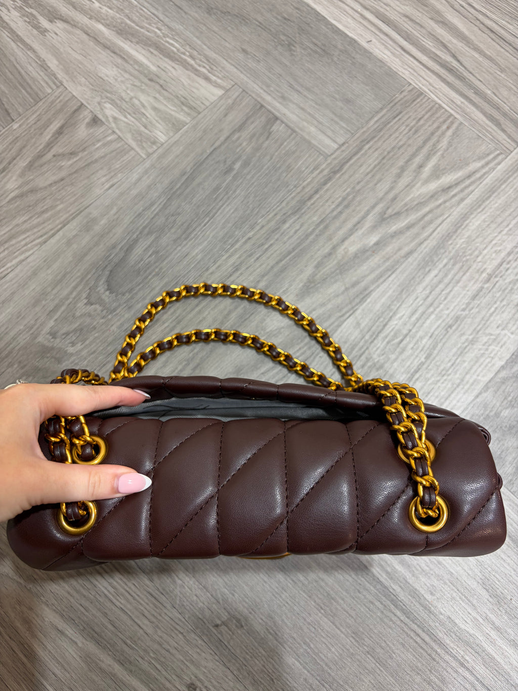 Quilted Bus Bag - Brown with Gold Hardware