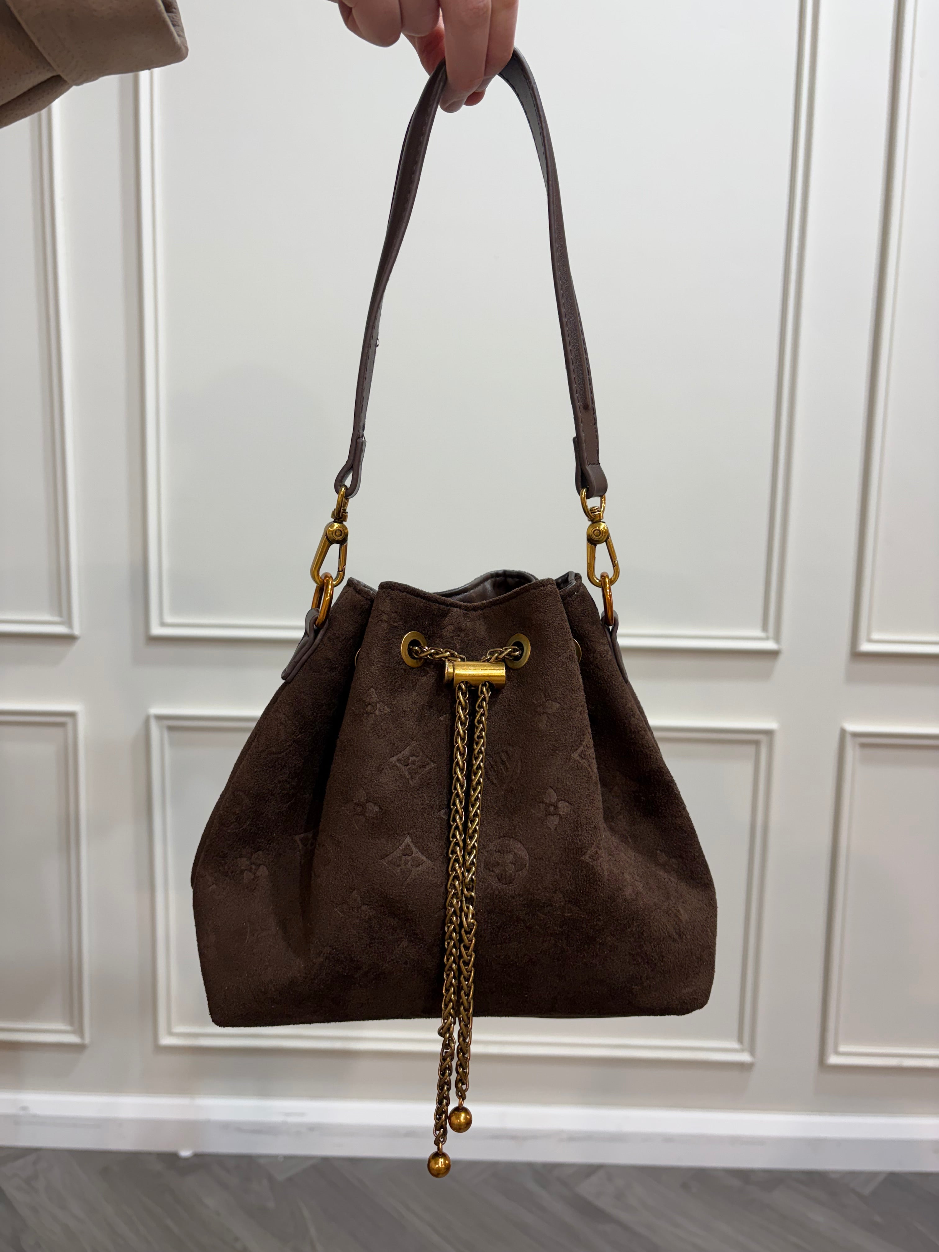 Suede Monogram Bucket Bag - Brown