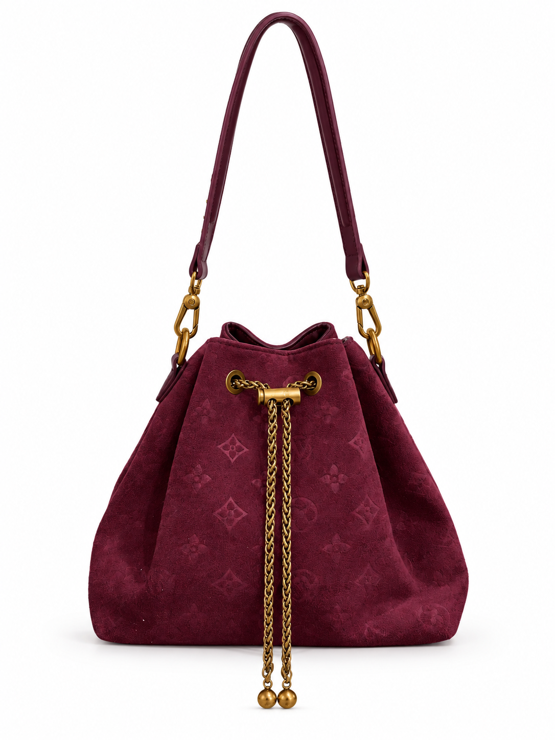 Suede Monogram Bucket Bag - Burgundy