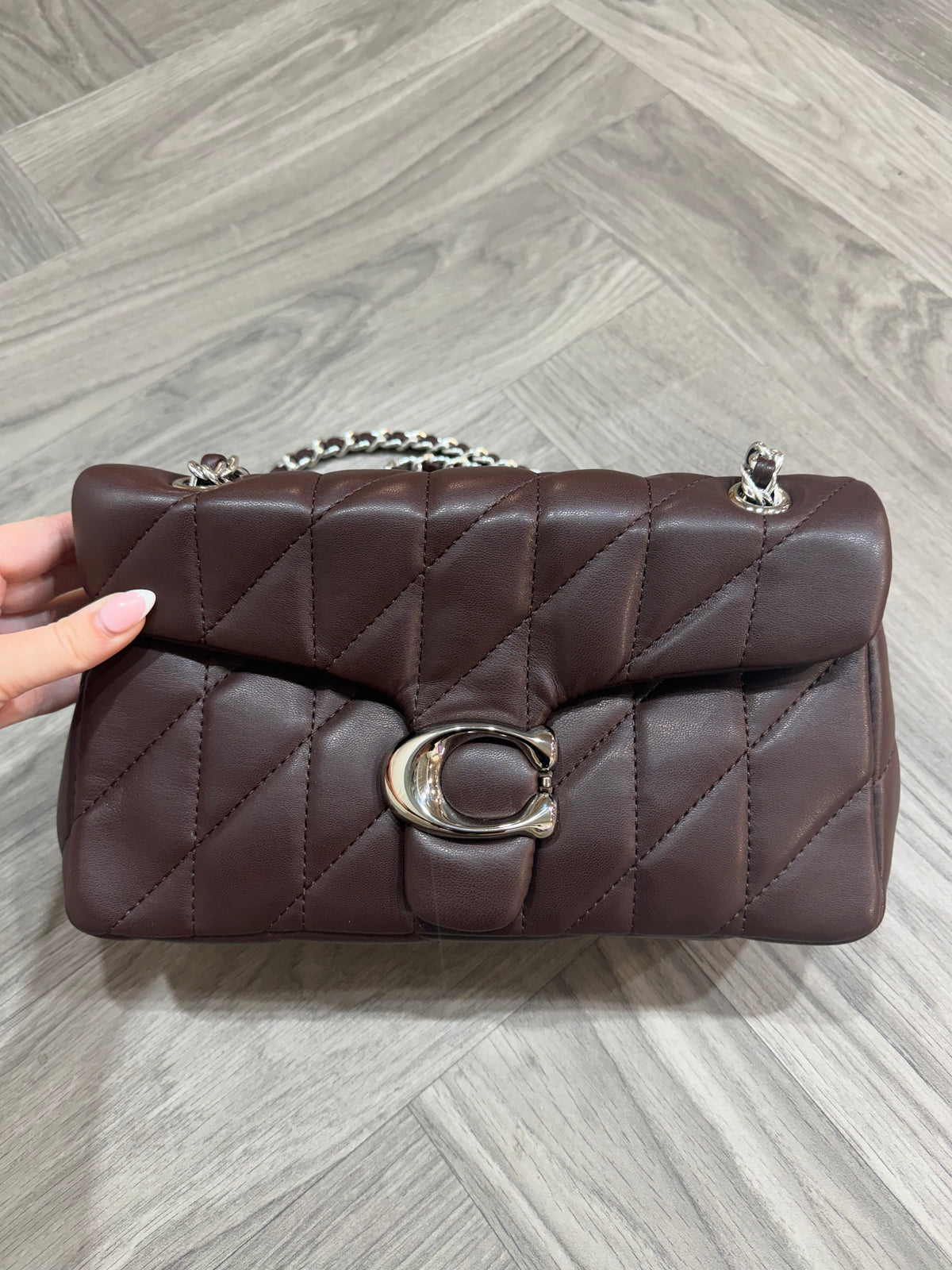 Quilted Bus Bag - Brown with Silver Hardware