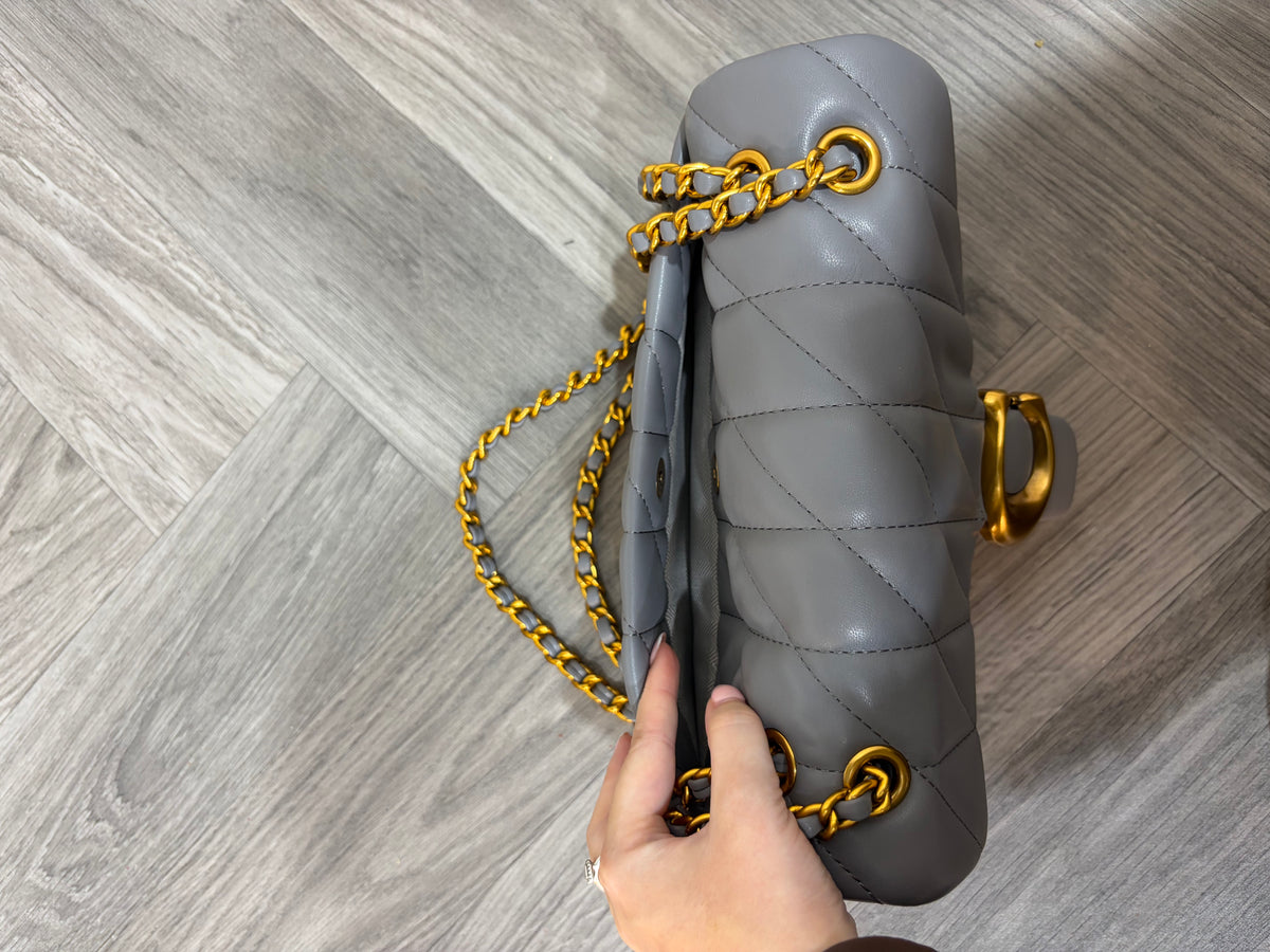 Quilted Bus Bag - Grey with Gold Hardware