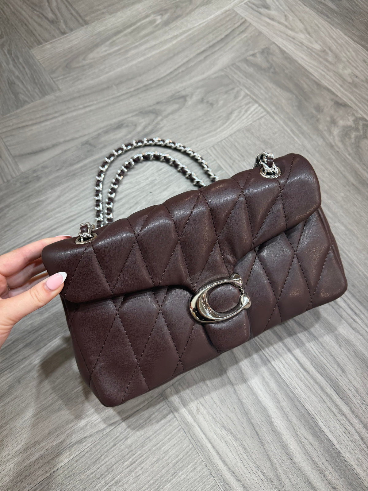 Quilted Bus Bag - Brown with Silver Hardware