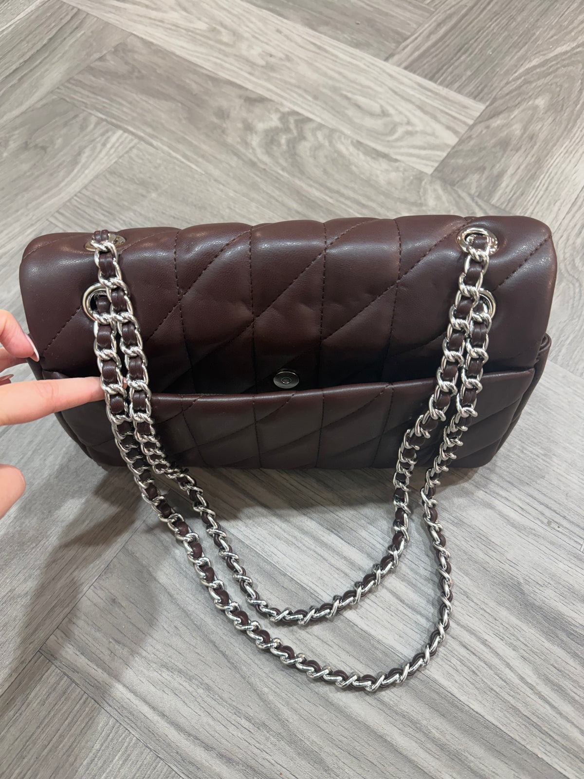 Quilted Bus Bag - Brown with Silver Hardware