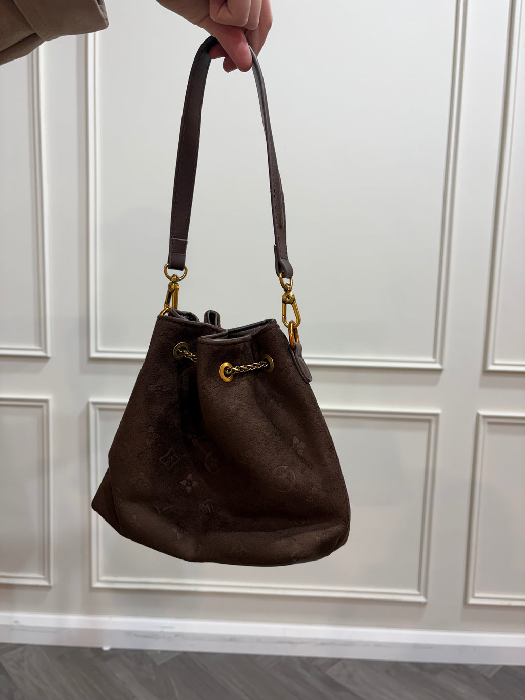 Suede Monogram Bucket Bag - Brown