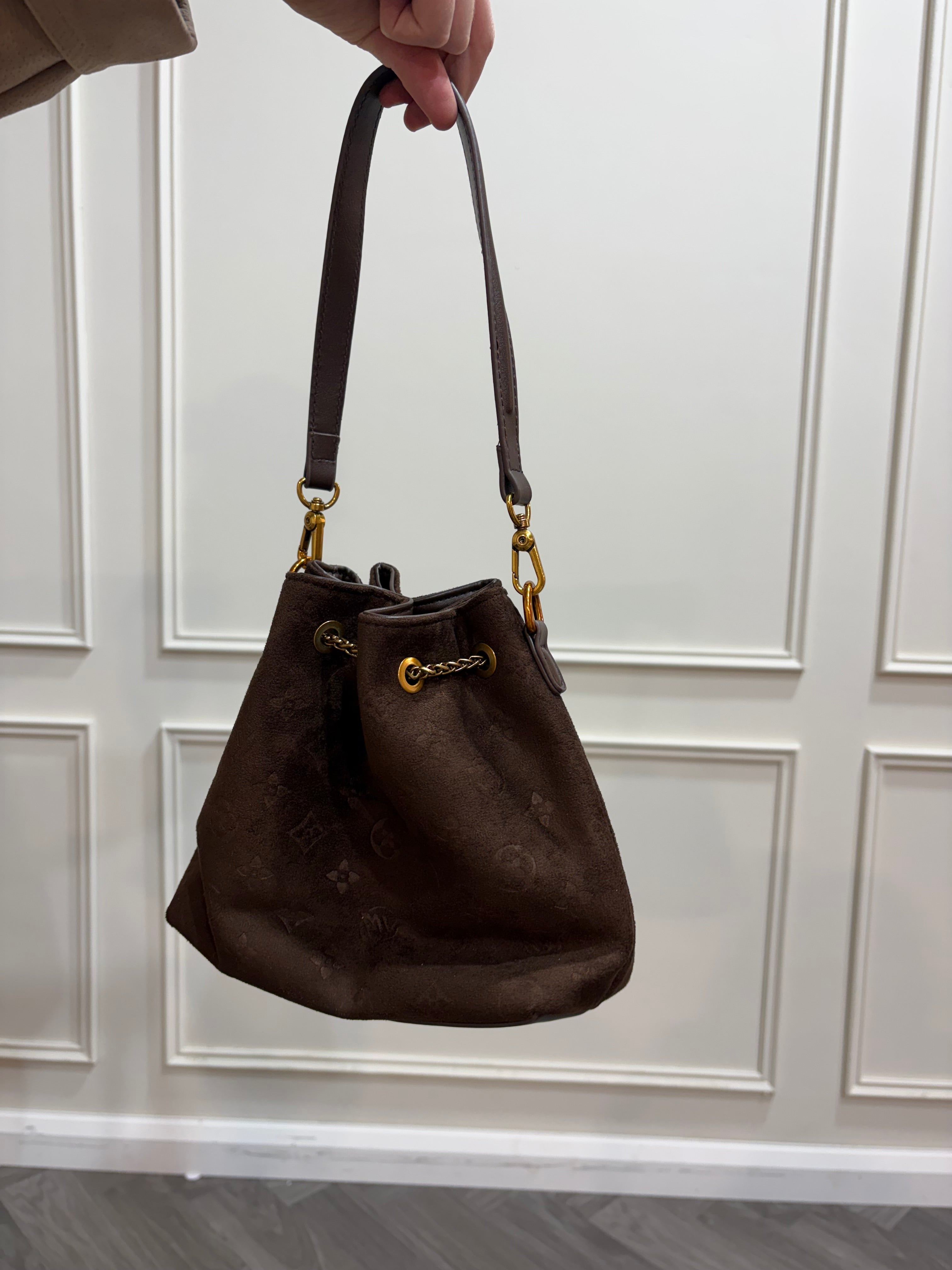 Suede Monogram Bucket Bag - Brown