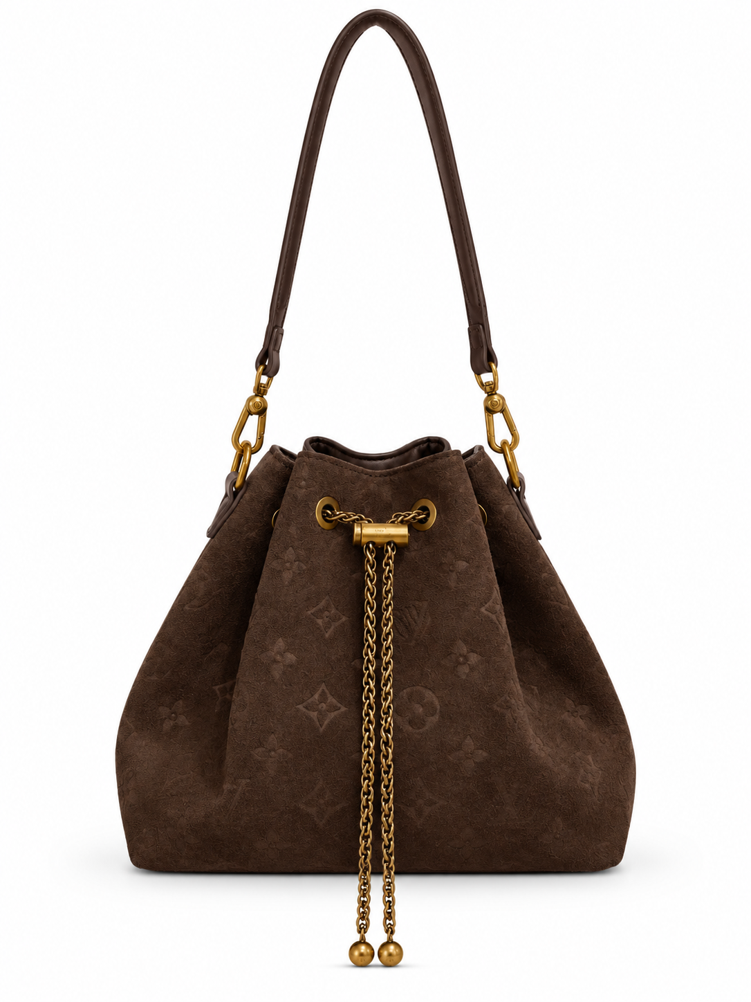 Suede Monogram Bucket Bag - Brown