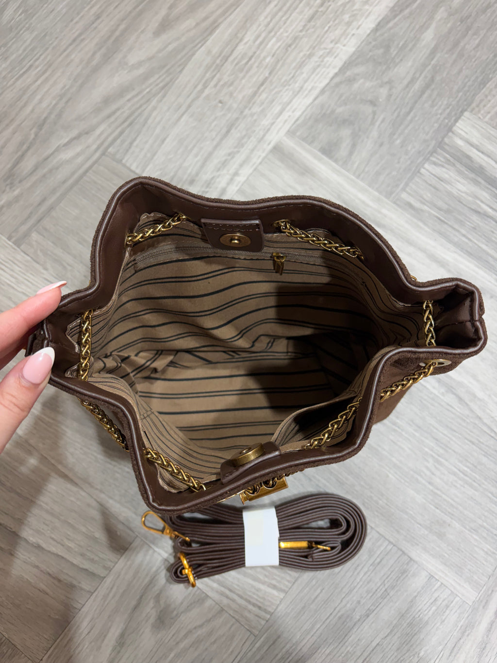 Suede Monogram Bucket Bag - Brown