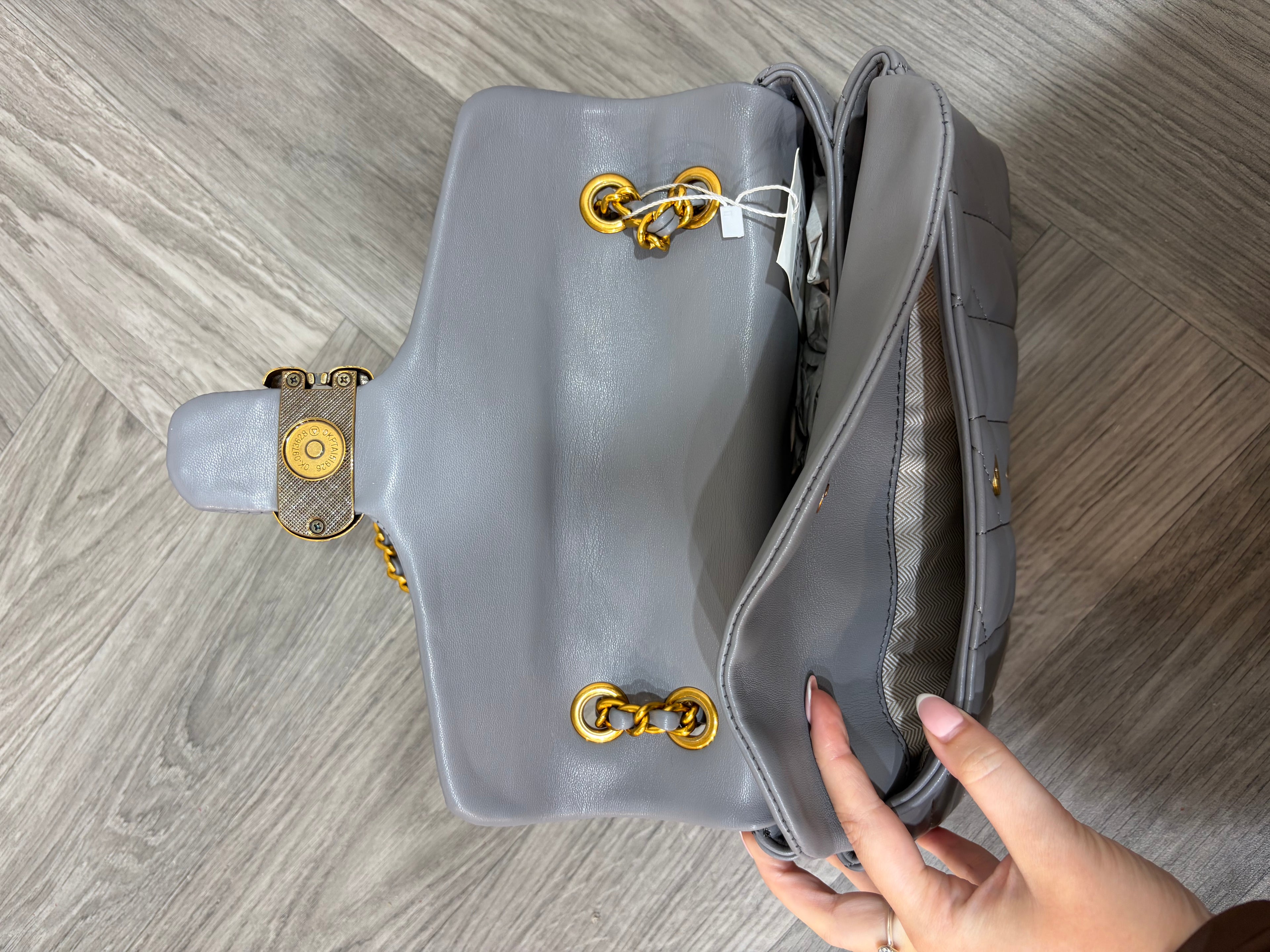 Quilted Bus Bag - Grey with Gold Hardware