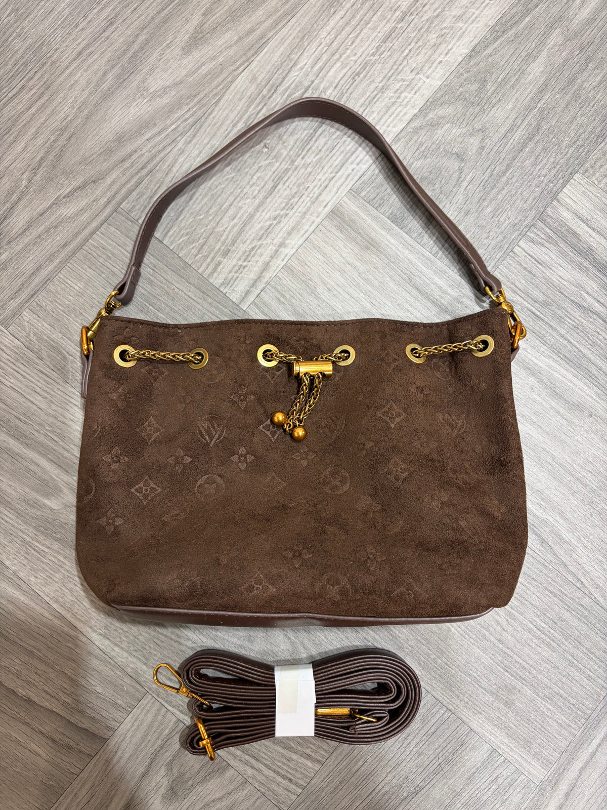 Suede Monogram Bucket Bag - Brown