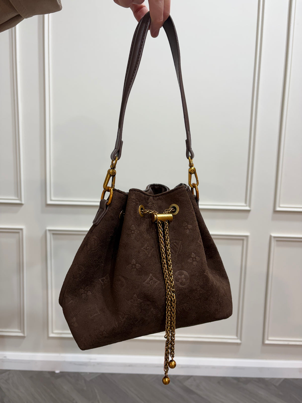 Suede Monogram Bucket Bag - Brown