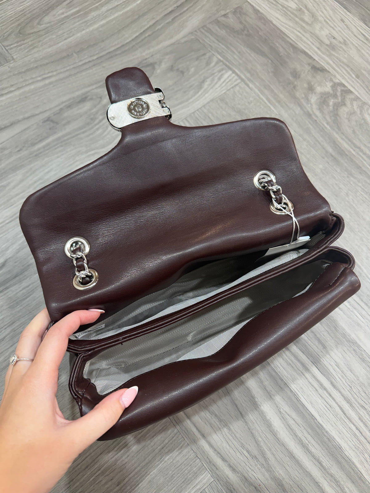 Quilted Bus Bag - Brown with Silver Hardware