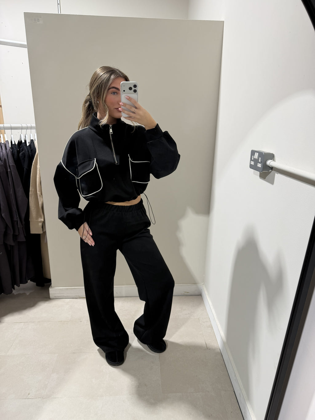 Black half-zip contrast-piped loungewear set front view