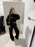 Black half-zip contrast-piped loungewear set front view