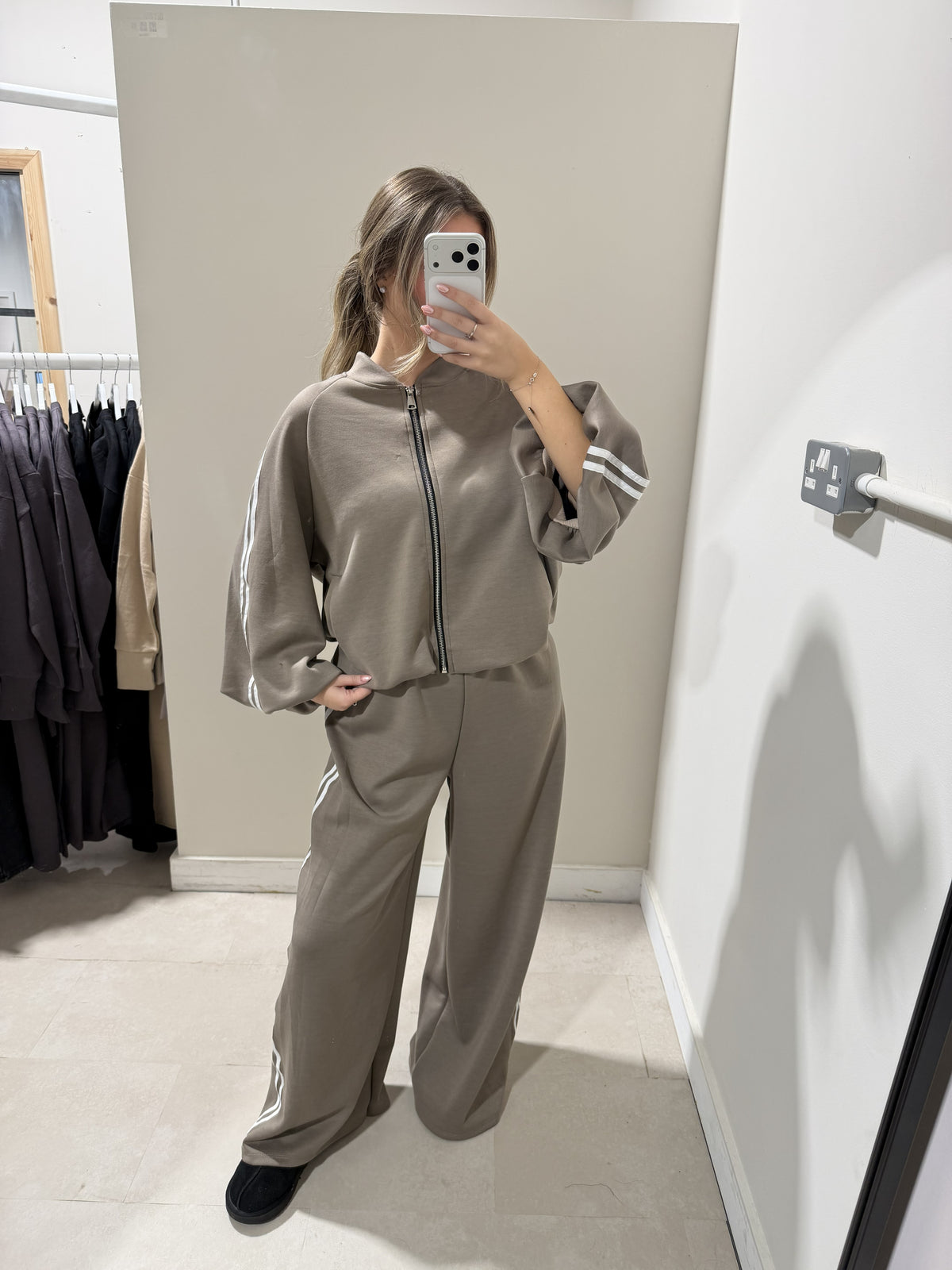 Taupe stripe-detail zip-front set front view