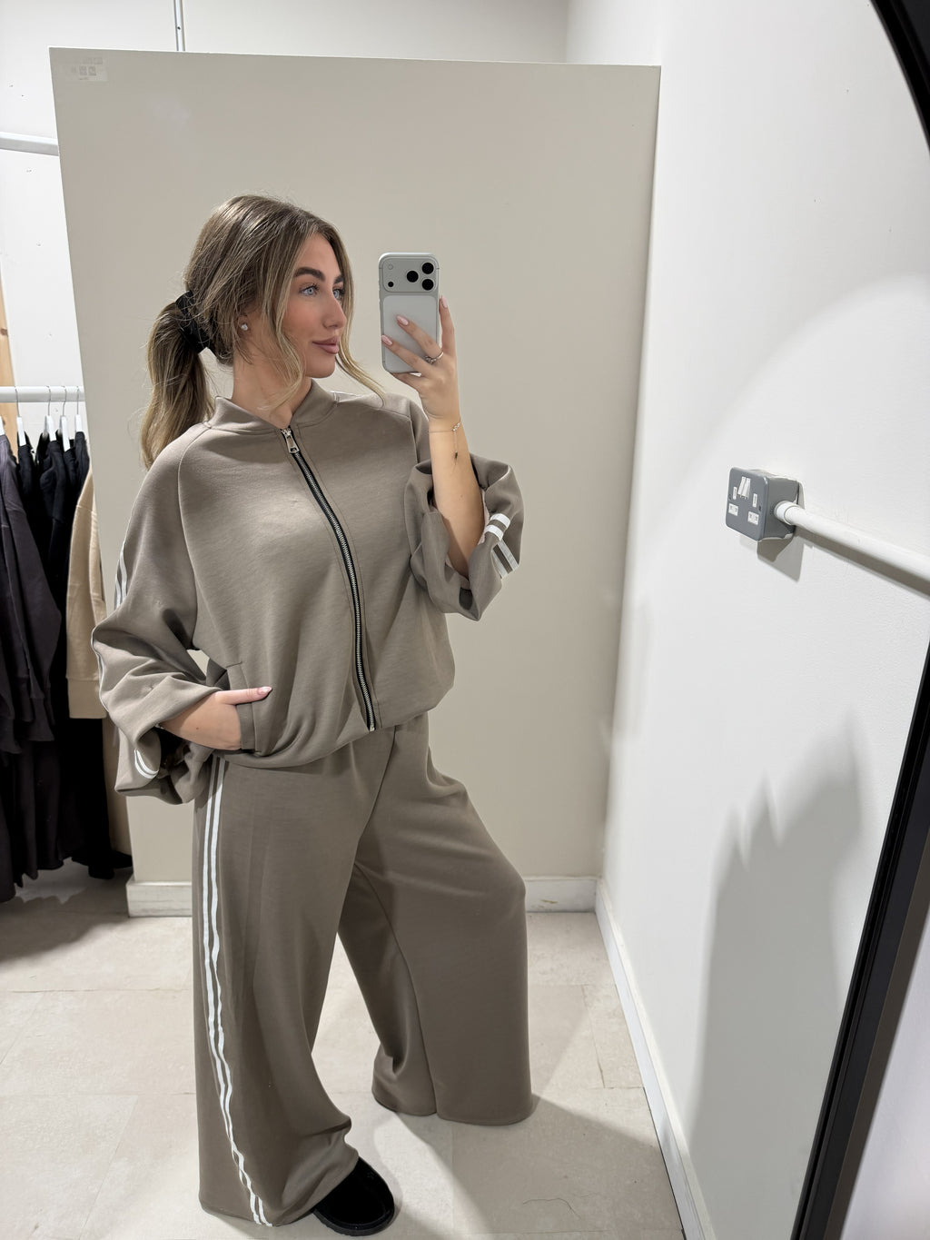 Taupe striped loungewear set angled front view