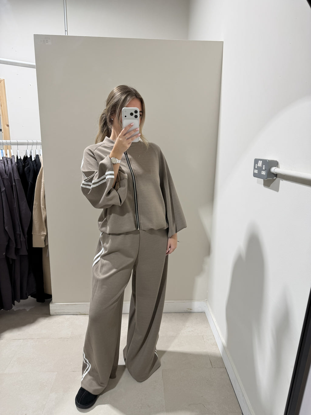 Taupe zip-front top and matching trousers full-length view