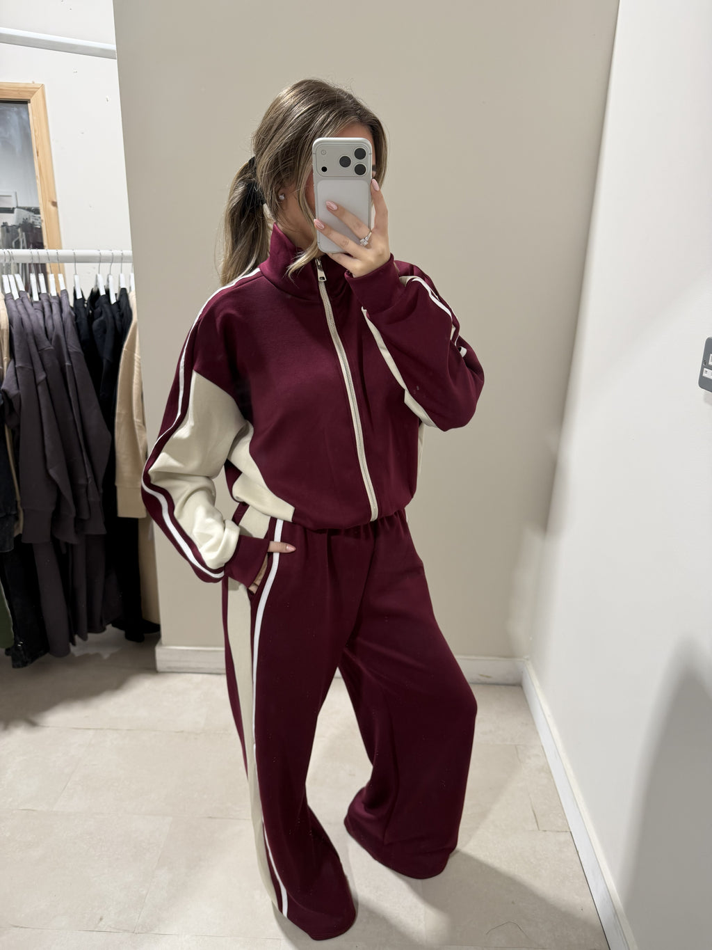 Burgundy loungewear set with cream side panels