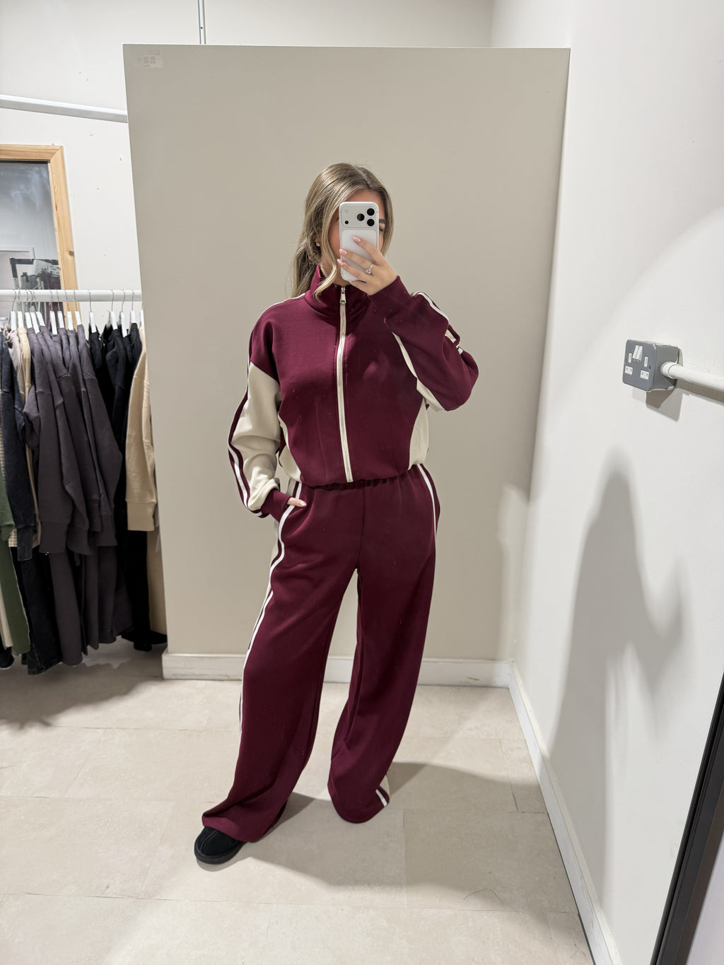 Burgundy contrast-panel two-piece outfit full-length