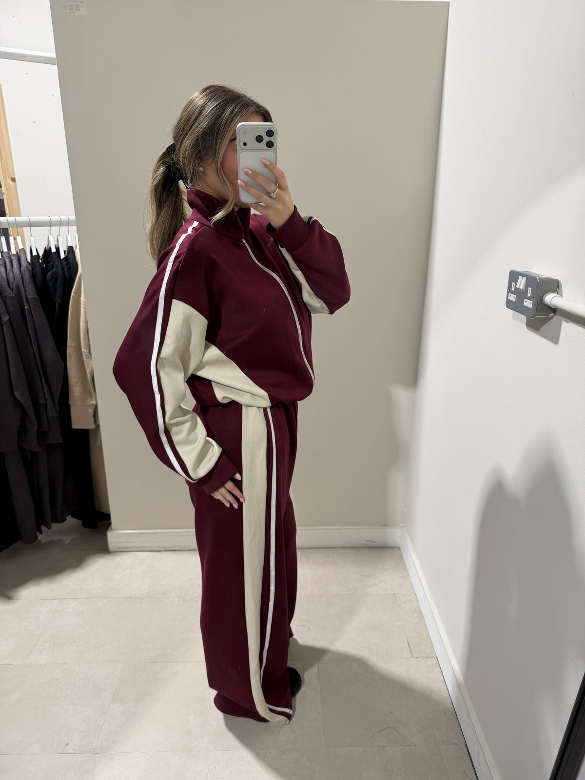 Burgundy and cream loungewear set side view