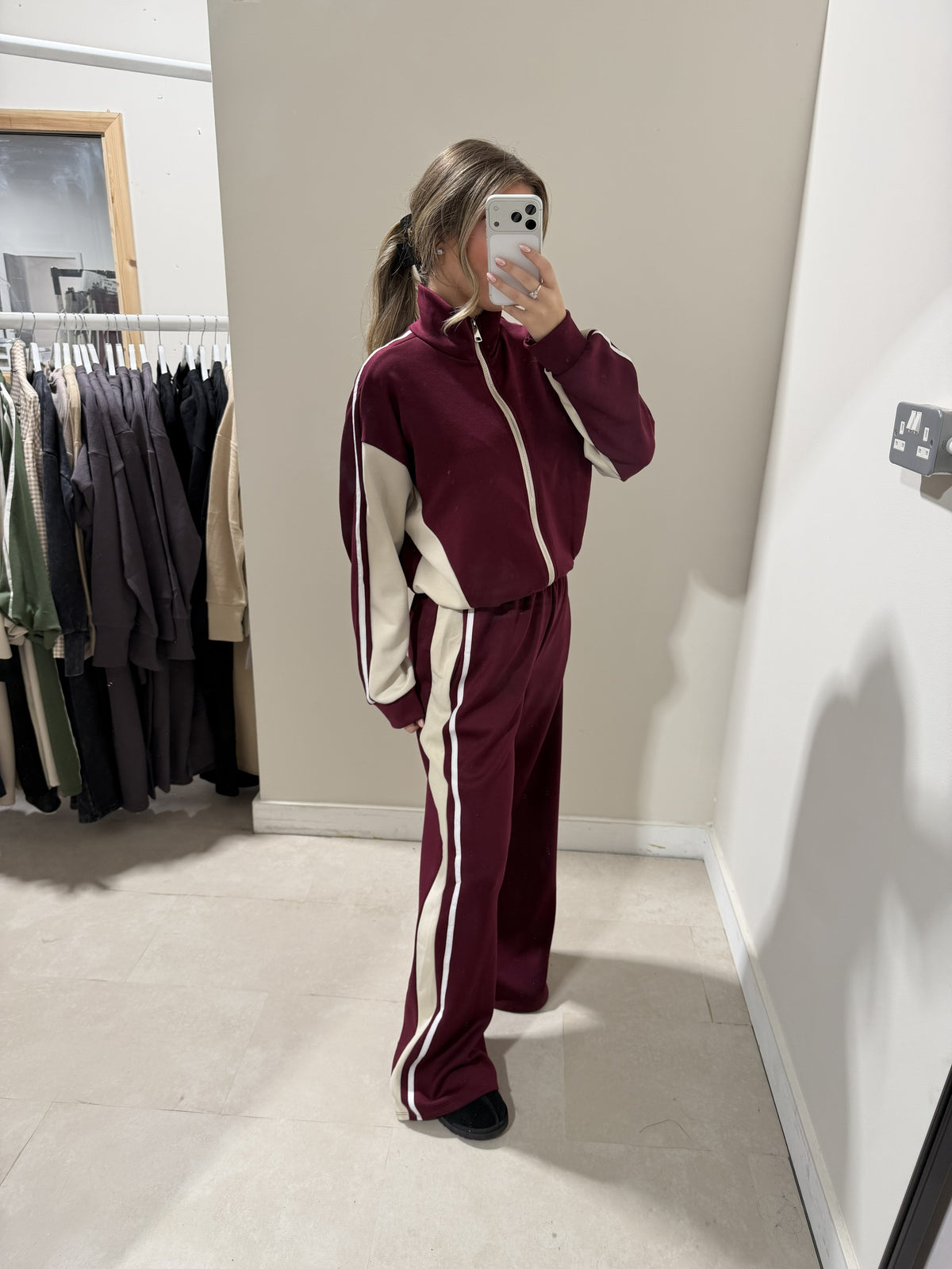 Burgundy and cream contrast-panel set full-length view