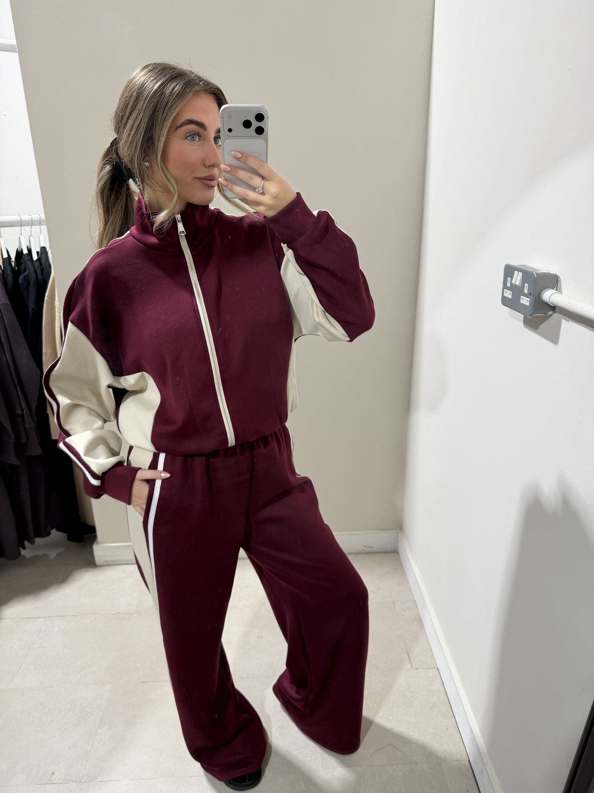 Burgundy and cream zip-front top and wide-leg trousers