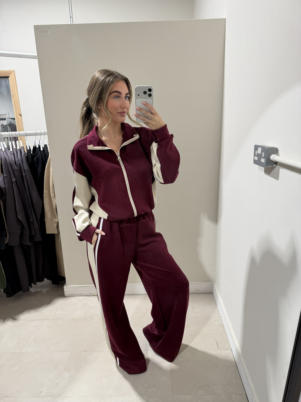 Burgundy and cream two-piece set front view