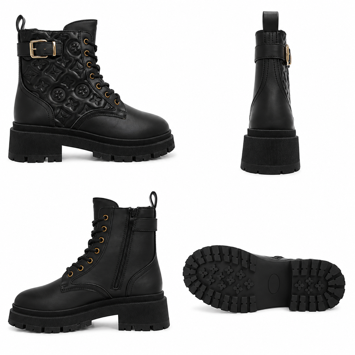 Woman's Embossed Monogram Lace-up Ankle Boots - Black