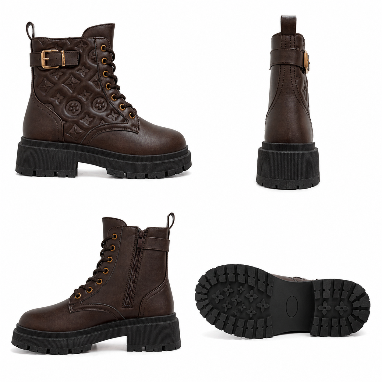Woman's Embossed Monogram Lace Up Ankle Boots - Brown