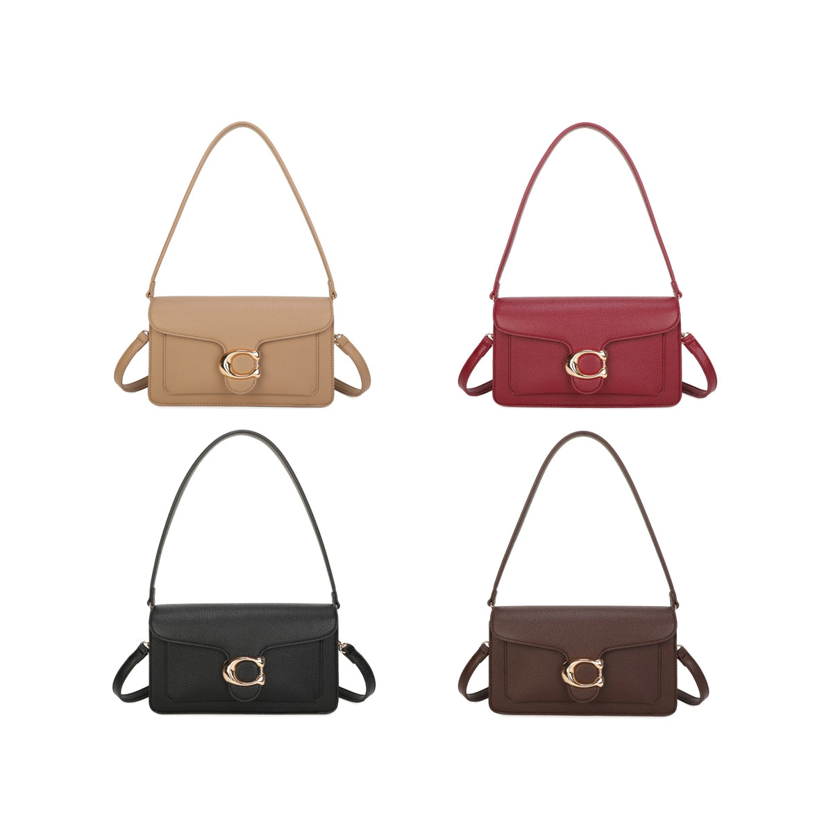 Burgundy, beige, black and brown gold-buckle shoulder bags