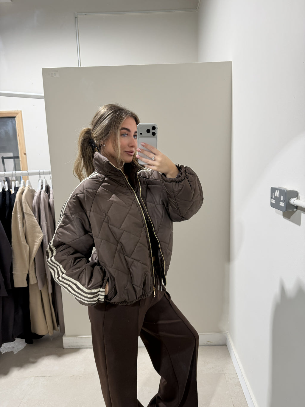 Chocolate Brown Quilted Contrast-Stripe Jacket