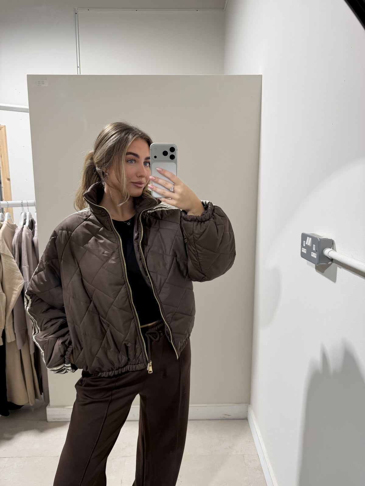 Chocolate Brown Quilted Contrast-Stripe Jacket