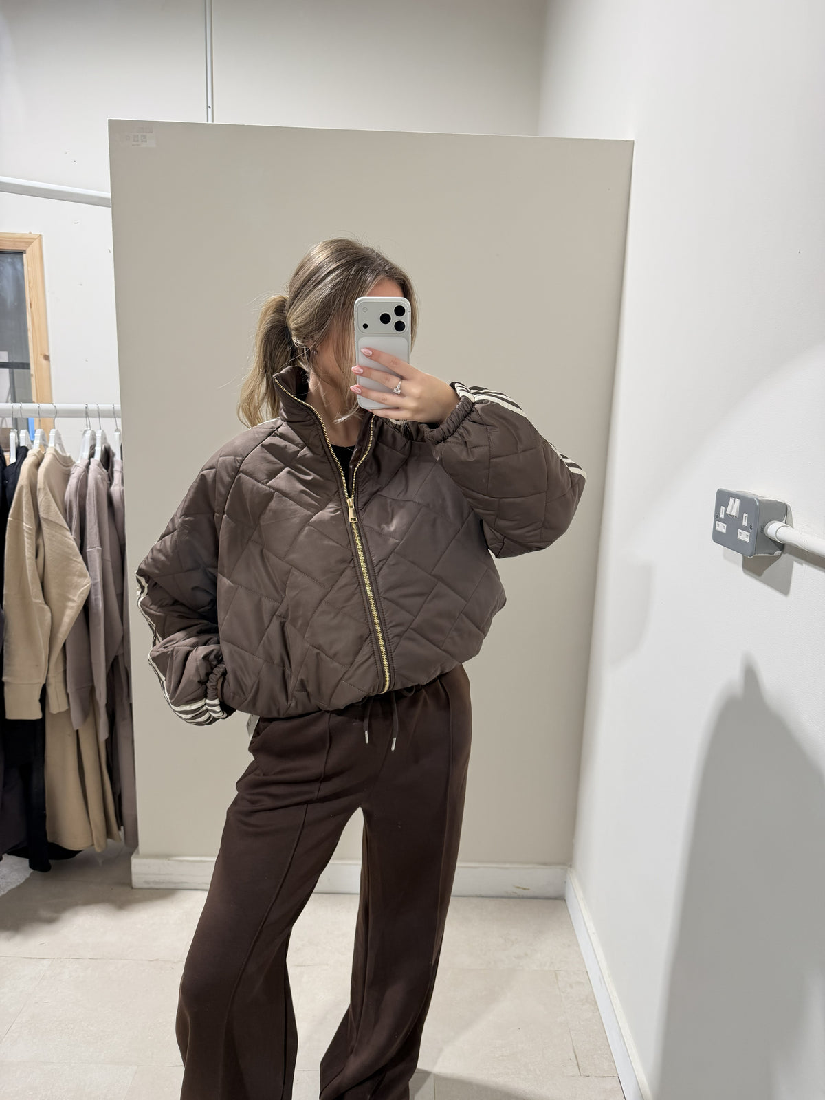 Chocolate Brown Quilted Contrast-Stripe Jacket