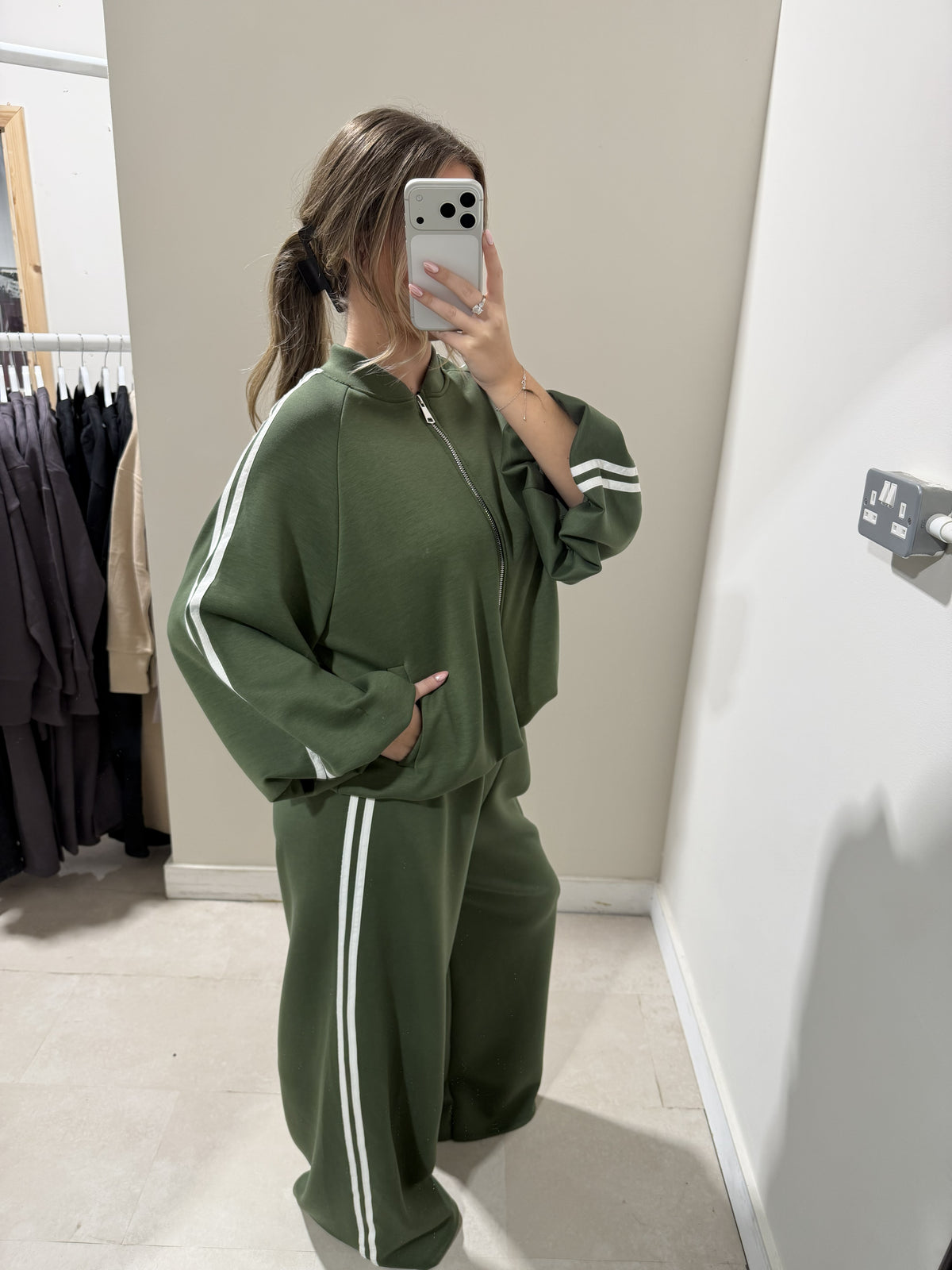 Olive Green Contrast-Trim Top and Trouser Set