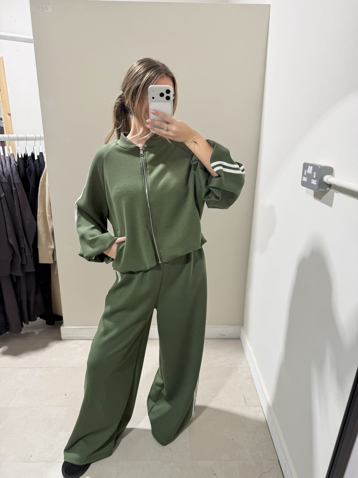 Olive Green Contrast-Trim Top and Trouser Set