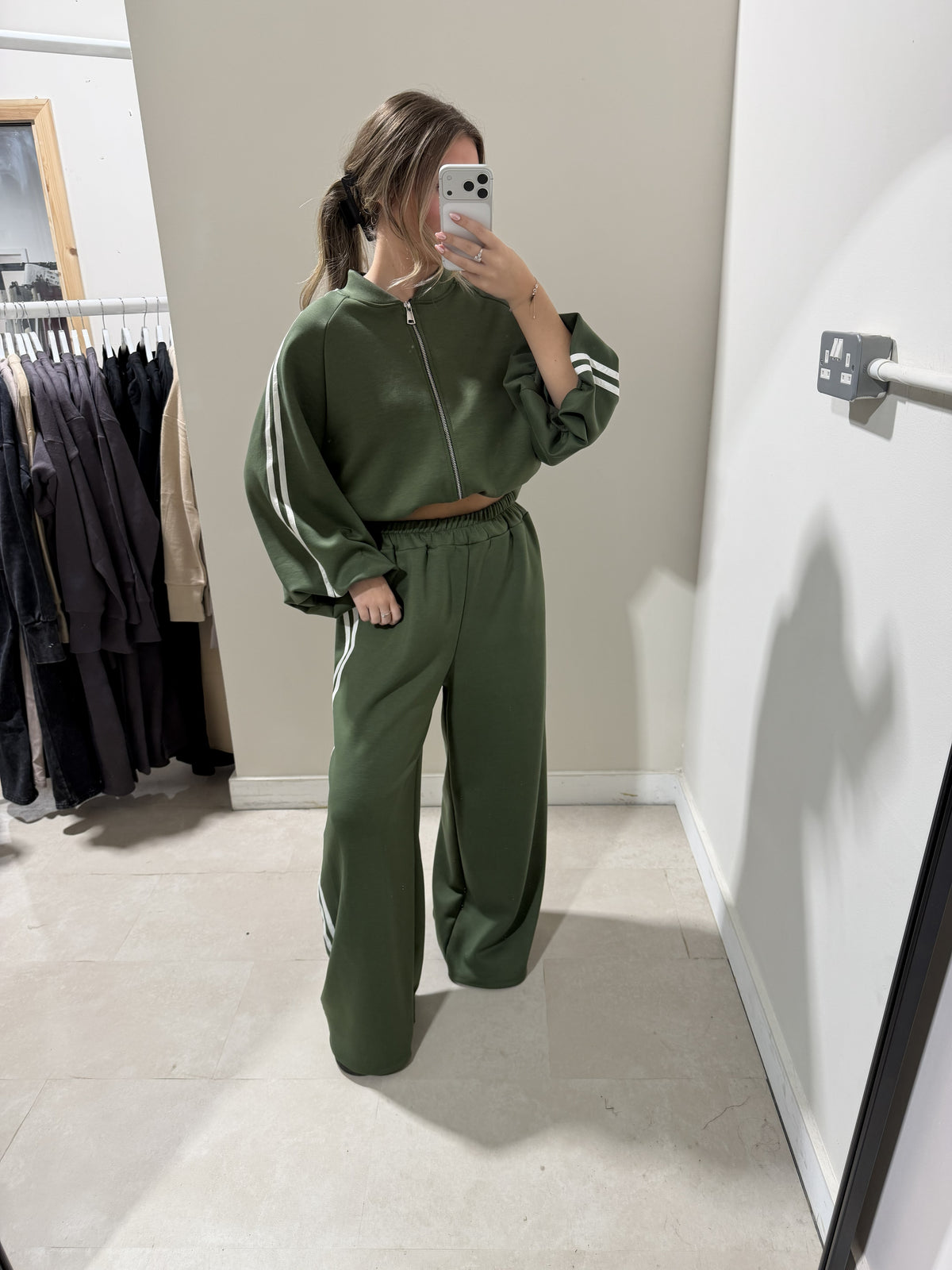 Olive Green Contrast-Trim Top and Trouser Set